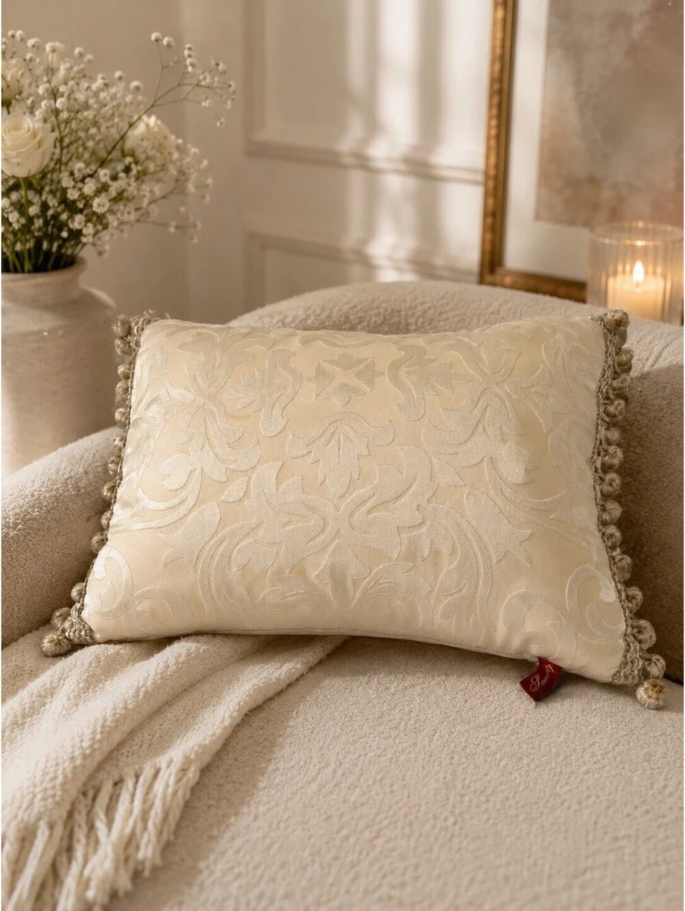 Serendipity Decorative Pillow Elegant Bei damask floral scroll Knotted Tassels